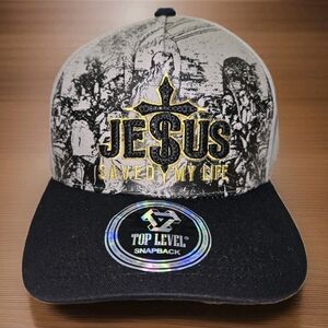 Top Level Jesus Saved My Life  Snapback Hat Black Rhinestones Gray Christian Cap